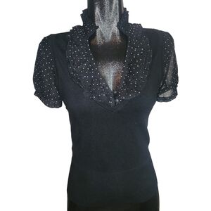White House Black Market Elegant Black Silk Ruffled Short Sleeve Top S